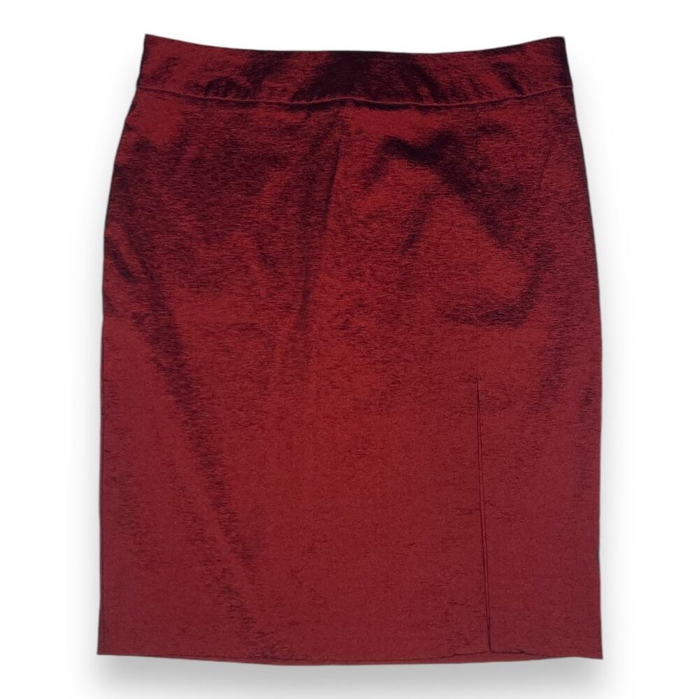 Vintage Caché Cranberry Metallic Sheen 9" Slit Pencil Skirt Stretch Size 4